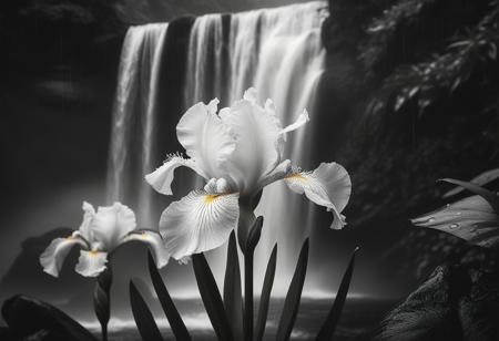color versicolor iris amidst morning raindrops surrounding cascading waterfalls, captured in monochrome black and white, digital art, composition aligned with nature's golden ratio, intricate detail worthy of trending on ArtStation, 8K resolution, photorealistic concept, soft natural volumetric light achieving a cinematic ambience akin to chiaroscuro, an award-winning oil on canvas style digital painting reminiscent of masters