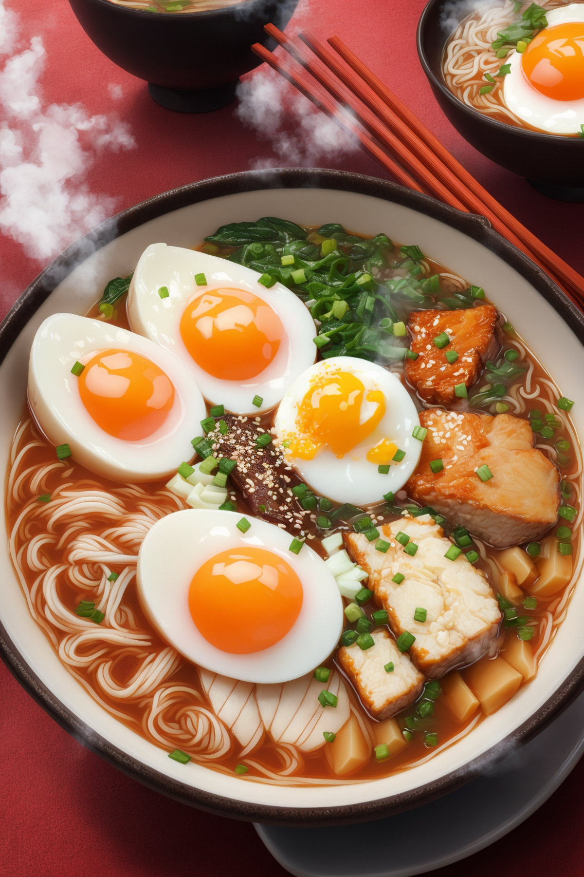A Bowl of Noodles with Eggs, Chicken, and Vegetables