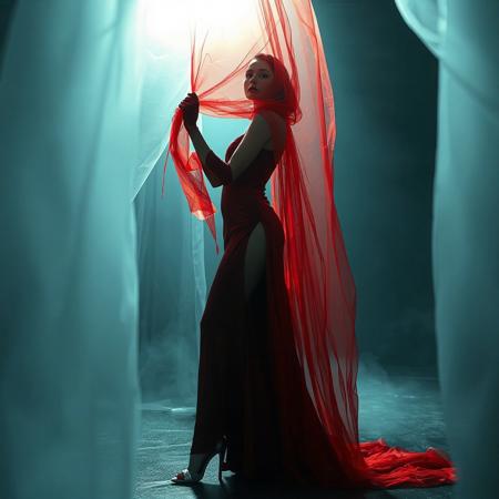 noble norvegian femme fatal lady  posing standing wearing evening GLOSSY THIN RED slime high slit gown, GLOVES  and high heels,   entrapped in  giant long waving  ultrathin transparent fisnet veils, surrounded by  fog from the floor, captured in light beam from celling,  breeding chamber,  ultrathin waisym reminiscent of H.R. Giger, Zdzisław Beksinski, and Ash Thorp's dark, sleek styles, with close-up glamour photography, glossy satin and silver heels glistening, fleshy slime dripping, and dark shadows.