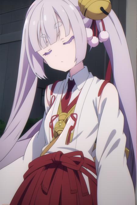 tsukuyoinaba, <lora:tsukuyoinaba-lora-nochekaiser:1>, 
tsukuyo inaba, long hair, hair ornament, twintails, very long hair, purple hair, (closed eyes:1.5), thick eyebrows,
BREAK skirt, japanese clothes, bell, hakama, hakama skirt, jingle bell, miko, hair bell, red hakama,
BREAK looking at viewer,
BREAK outdoors,
BREAK <lyco:GoodHands-beta2:1>, (masterpiece:1.2), best quality, high resolution, unity 8k wallpaper, (illustration:0.8), (beautiful detailed eyes:1.6), extremely detailed face, perfect lighting, extremely detailed CG, (perfect hands, perfect anatomy),