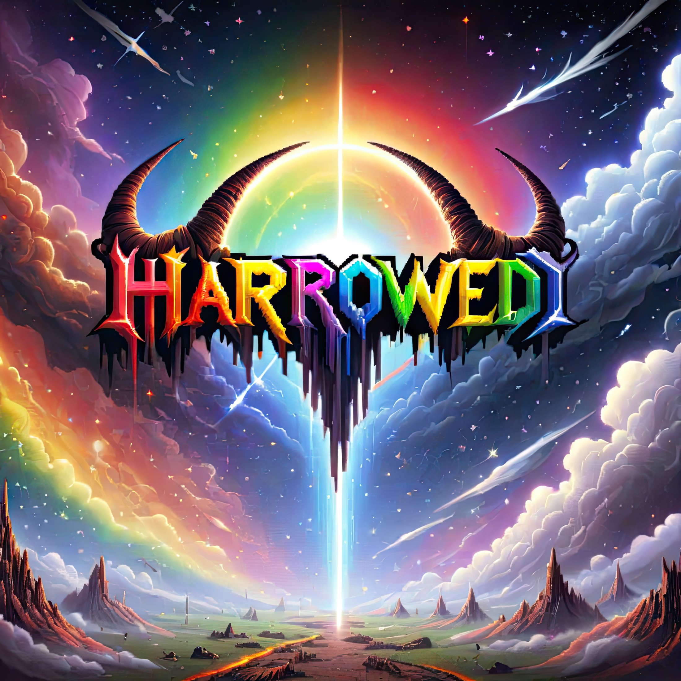 (HarroweD text logo), rainbow, pixel art, space, clouds, stars, horns