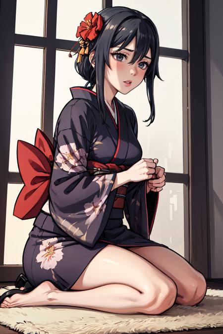 masterpiece, best quality, absurdres, perfect anatomy, 1girl, solo, RyobaAishi, indoors, kimono, hair flower, floral print, wariza, sitting, hands on own knees, <lora:CHAR-RyobaAishi:0.8>