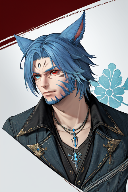 FFXIV Male Miqo'te, 1boy, beard, blue eyes, blue hair, facial hair, facial mark, heterochromia, jewelry, male focus, necklace, red eyes, blue eyes, solo  <lora:Miq_Lora-NAI:0.5>