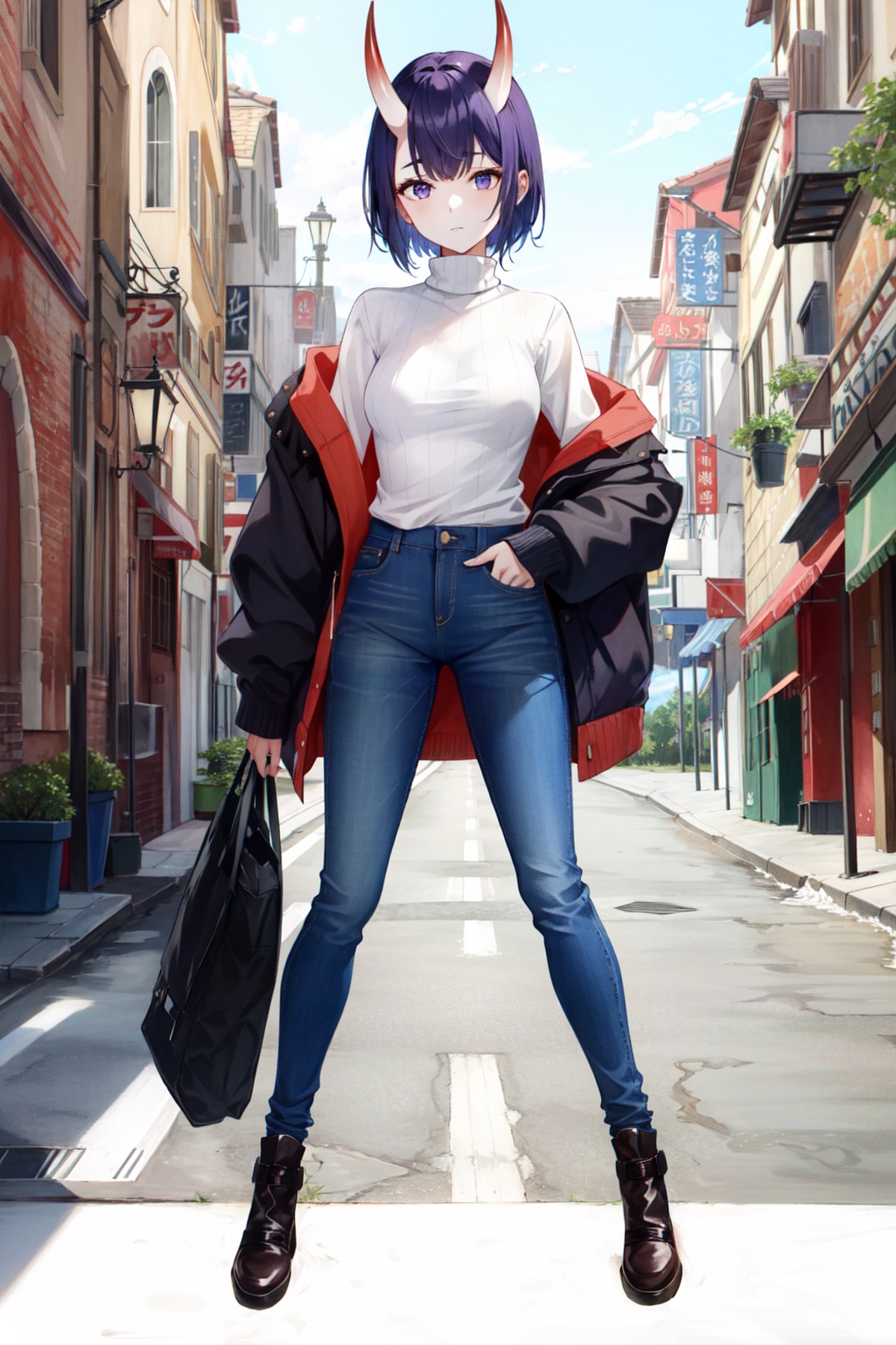 shuten douji, 1girl, pov, intricate, masterpiece, absurdres, best quality, fully clothed, white turtleneck sweater, sweate...