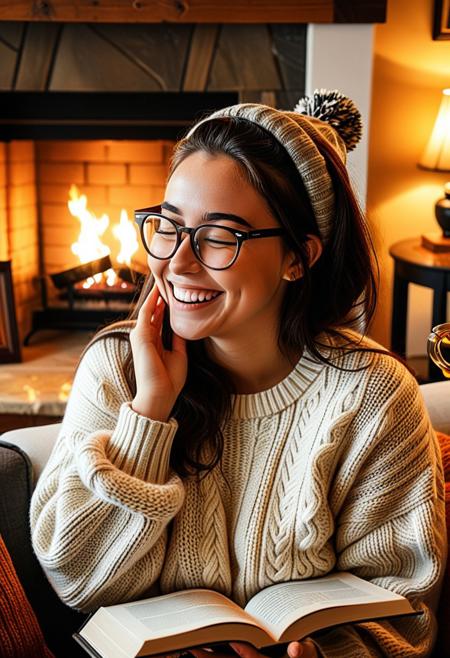 (masterpiece, best quality, ultra-detailed:1.3), RAW photo, 8K UHD,
1girl, laughing with friends, cozy sweater, reading glasses on head,
[Living room with fireplace, rain outside], [animated discussion over tea],
warm lighting, book details, candid moment