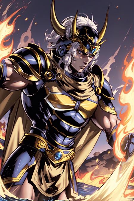 WarriorOfLight long white hair, blue armor, gold trim, horned helmet, fake horns, cape  red armor, white trim