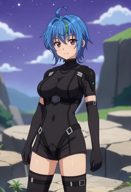 short hair, streaked hair, blue hair, green hair, brown eyes, ahoge XenoviaSchool, black capelet, striped shirt, white shirt, neck ribbon, black ribbon, long sleeves, black corset, buttons, pleated skirt, frilled skirt, purple skirt XenoviaBodysuit, black bodysuit, short sleeves, elbow gloves, black belt, arm belt, black thighhighs