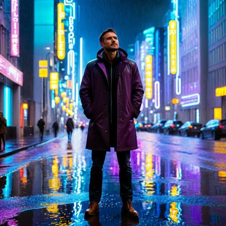 A man with face full sadness, standing solo on the rain-soaked street in futuristic city looking up. Night time. Street lits whit blue and purple soft neon light creating tensioned atmosphere. Shot taken from a far. Soft bokeh. Man stands still turned left to viewer, his hands rests in his coat pockets. Small puddles soaking street around man. Puddles reflects same street, daytime, man hugs with beautiful woman. They looks happy.