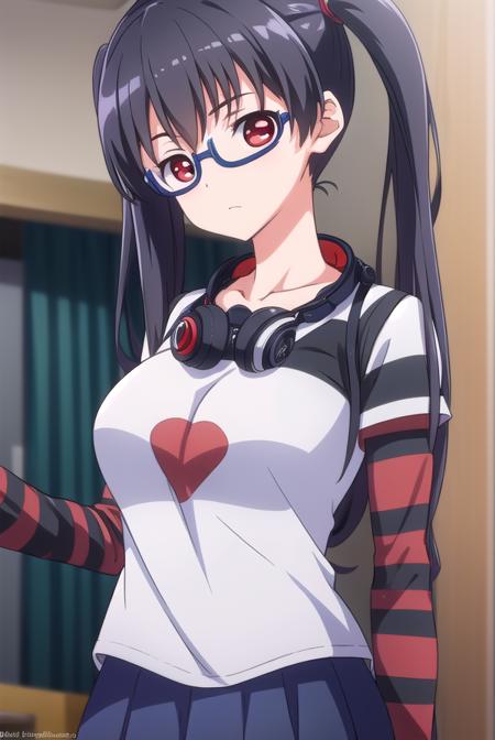 iorikousaka, <lyco:iorikousaka-lyco-nochekaiser:1>, 
iori kousaka, black hair, twintails, glasses, (red eyes:1.5),
BREAK skirt, thighhighs, pantyhose, (striped sleeves:1.5), shirt, headphones, t-shirt, clothes writing, semi-rimless eyewear, headphones around neck, raglan sleeves,
BREAK looking at viewer,
BREAK indoors,
BREAK <lora:GoodHands-vanilla:1>, (masterpiece:1.2), best quality, high resolution, unity 8k wallpaper, (illustration:0.8), (beautiful detailed eyes:1.6), extremely detailed face, perfect lighting, extremely detailed CG, (perfect hands, perfect anatomy),