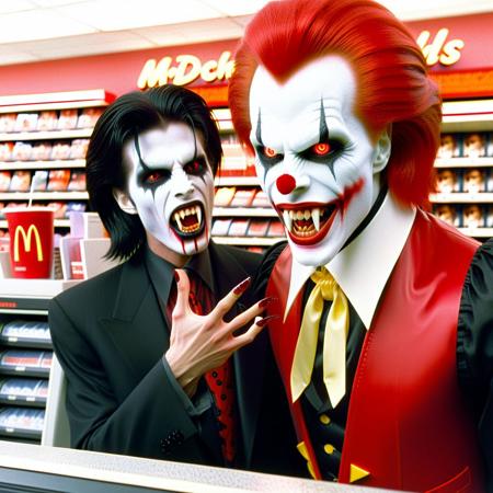 Vampyfangs1. a film still photo. 35mm. 4k. From a 2003 movie. Ronald McDonald is a vampire and is showing off his fangs, he is talking to a cashier, at a McDonalds.