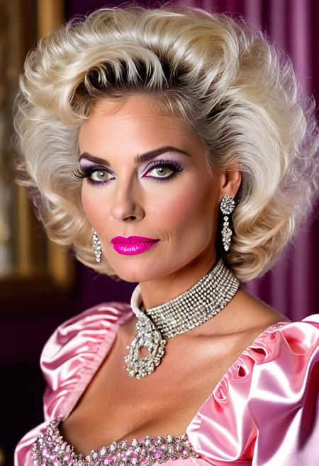 1boy,
A highly detailed best quality photography from the (year 1986:1.5) shows Debra, a slim (mature) American femboy in a contemporary bar room. He leans lasciviously on a stylish chaise longue, half sitting, half lying down and looks at the viewer with a demeaning and arrogant smile on his face. 
The androgynous face of the Sissy with(narrow-set) wide open light grey eyes, (big crucked nose), (wide lower jaw) and an (underbite) is (odd) but tells the interesting story of a live. The aged skin is wrinkled and shows agespots.  The intricate wavy long white hair with (pink highlights) is elaborated. A heavy collar choker adornes the neck. He wears precious jewelry, Creole earrings and bangle bracelets. The stunning and extravagant (1980s style evening dress:1.5) results no cleavage because of a (flat male chest:1.5). The 1980s style decadent and modern furnished room is painted in changing purple and silver colors. Futuristic wall lights create an intimate, subtle lighting atmosphere.