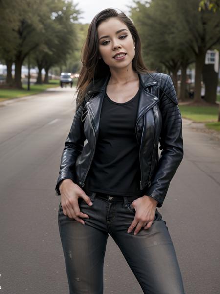 1girl, Peachez,  <lora:Peachez-000007:1>, biker, leather jacket