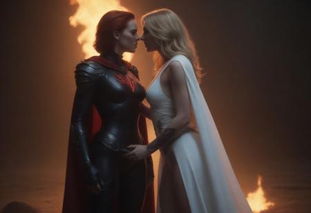 Hyper realistic, 
Full-body illustration in the dark, hyper-stylized style of Spawn comics: two women kiss in front of a massive burning hellgate, surrounded by scorched ritual stones and floating embers. One is pale, delicate, and innocent in appearance, with long flowing blonde hair. She wears a soft, semi-transparent white gown made of ethereal, torn silk, soaked and clinging to her curves. Red rose patterns are embroidered along the fabric. Her posture is vulnerable yet longing, her expression dreamy and emotional. Her bare skin glows faintly against the shadows—sensual, pure, and feminine.
The other woman is her opposite: muscular, sun-kissed, with short red hair and a commanding presence. She wears a dark, skin-tight, organic armor inspired by Spawn’s suit—black with glowing red cracks, chains wrapping around her limbs, and skull-like details across her belt and shoulder. Her chest and stomach are partially exposed between jagged armor gaps. A living red cape flows behind her like shadow and flame.
Their bodies press together in a moment of forbidden desire—raw, gothic, erotic. Hellfire lights the scene, casting dramatic shadows on their skin. Avoid male figures, photorealism, sci-fi, clean beauty, cartoon styles, humor, modern clothing, soft lighting, or comic panels. No text. Focus on contrast: soft innocence vs demonic dominance, both erotic and dramatic. Nippel, erotic,