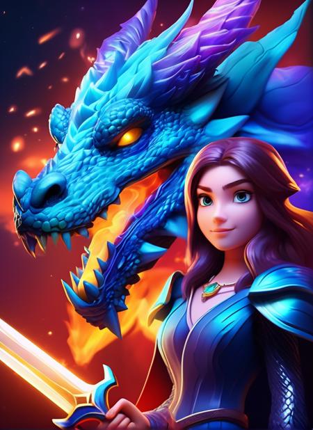 (1 giant dragon:1.3) behind 1girl holding a glowing sword,void energy diamond sword, in the style of dark azure and light azure, vibrant , uhd image, glassy translucence, ultra realistic, long hair, straight hair, light purple hair,head jewelly, jewelly, shawls,light In eyes, red eyes, portrait, firefly, bokeh, cloud, abstract, colorful background, night sky, flame, very detailed, high resolution, sharp, sharp image, 4k, 8k, masterpiece, best quality, magic effect, (high contrast:1.4), diamond, skin detail, face detail, eyes detail, mysterious colorful background, dark blue themes, disney cartoon, cute cartoon