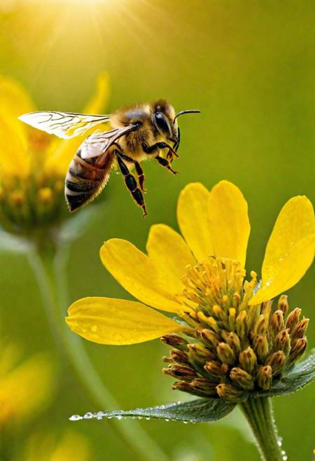 Craft an exquisite masterpiece that captures the stunning detail and vibrant life of a honey bee.The scene is set in an ultra-high-definition, sunlit meadow, brimming with colorful wildflowers. The honey bee, in hyper-realistic detail, is hovering near a bright yellow blossom. Its wings should be translucent and iridescent, catching the sunlight in a dazzling display. The bee's furry body is finely detailed, with each hair visible, glistening with tiny droplets of morning dew.The background is a blur of greenery and flowers, creating a depth of field that brings the bee sharply into focus. Surrounding the bee are soft, golden rays of sunlight filtering through the petals, creating a warm, inviting atmosphere. The entire scene is alive with the gentle buzz of the meadow and the delicate rustling of leaves in the breeze. This image should not only showcase the intricate beauty of the honey bee but also the vibrant ecosystem it thrives in, combining realism with a touch of whimsy.