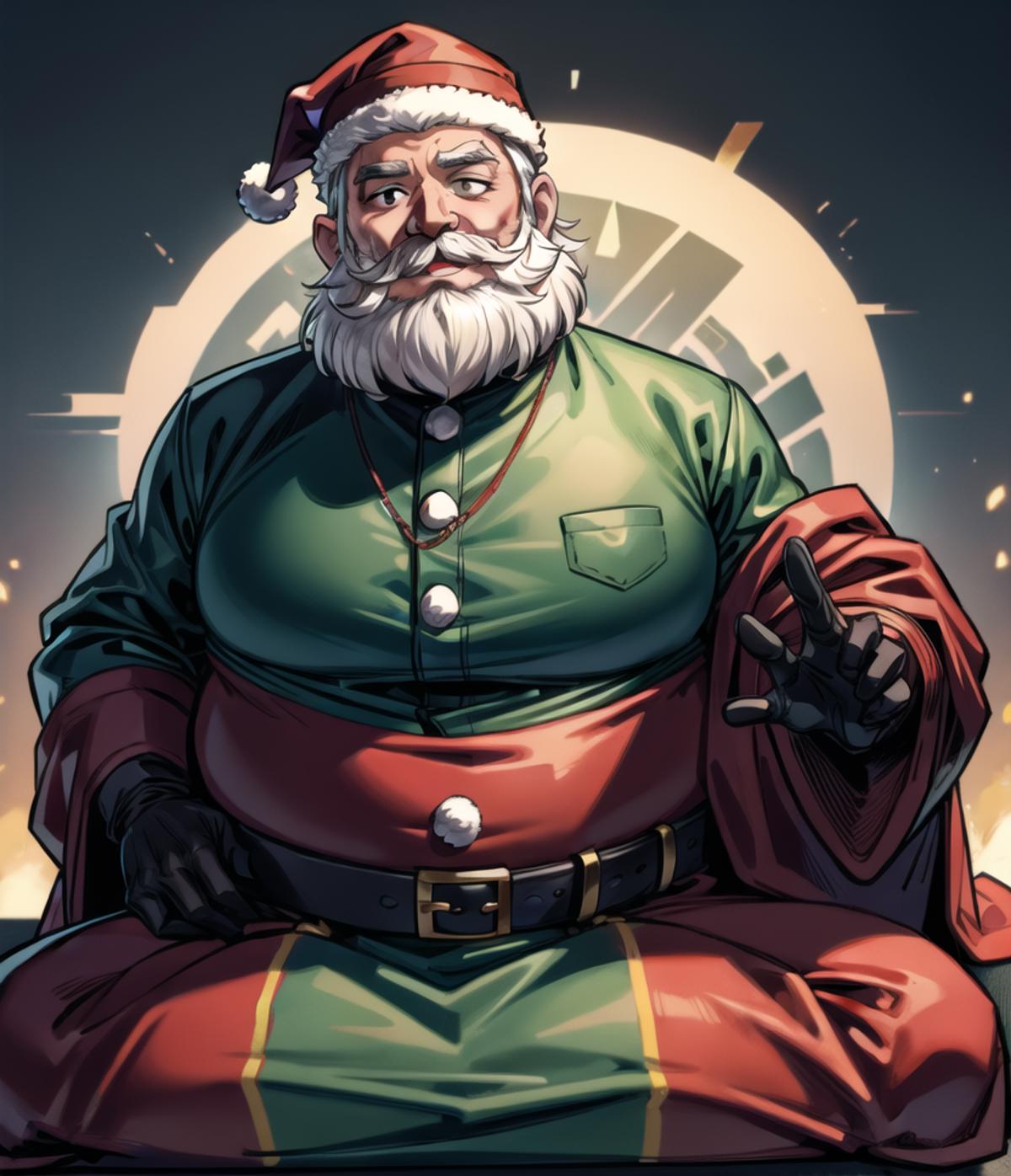 A Christmas-themed comic featuring Santa Claus in a green and red outfit sitting on a chair.