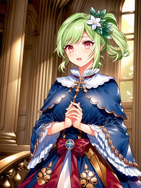 ujou,green hair, one side up, hair ornament, blue dress, long skirt, wide sleeves, long sleeves,white capelet,