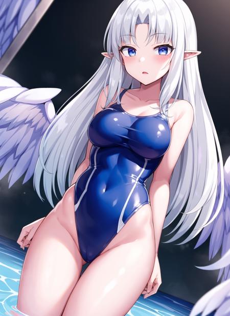 masterpiece, best quality, ultra-detailed, illustration, warm lighting, bright colors, 1girl, solo,  medium breast, blue eyes,  pointy ears, white hair, parted bangs, bangs, expressionless,

assertive female, angel, wings, feathered wings, angel wings, valkyrie, bare arms, bare legs, legs, hands behind back, clothes_lift, clothes life,

 swim suit, bikini armor, armored_leotard,

lewd, nsfw,

 <lora:valkyieV2:0.65>