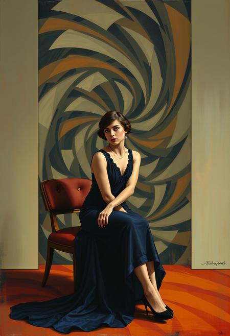 A woman in an elegant 1920s dress, seated in a quiet interior, but her clothing and background dissolve into swirling geometric patterns
geometric abstraction meets precise realism, bold vibrant colors with muted structured backgrounds, figures in elegant poised stillness, theatrical yet modern atmosphere, surreal balance of movement and stillness, fine painterly textures with rhythmic composition
