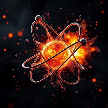 3d atoms desintegrating, electrons on orbits, nucleus, explosions, fire lights, pirticles explosions