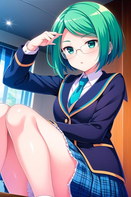 (masterpiece, best quality), highly detailed background, perfect lightingbest quality, touyamamisuzu, solo, green hair, short hair, glasses, adjusting eyewear, green eyes, blue jacket, blazer, blue necktie, white shirt, <lora:GoodHands-vanilla:1>, blue skirt, plaid skirt, school uniform, closed mouth, pink lips, <lora:Touyama-Misuzu:0.7>