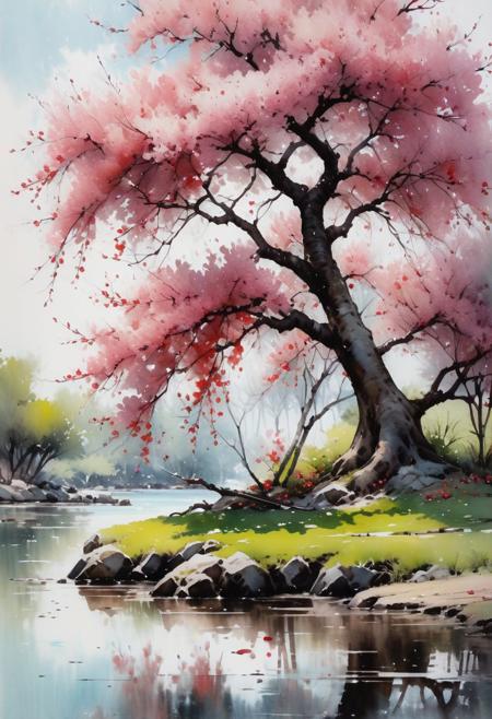 a painting of (Cherry tree in an island), watercolor painting, artstation, concept art, smooth, sharp focus, illustration in the style of artists like Russ Mills, Sakimichan, Wlop, Lois, Art Germ, Darek Zabrocki, and Jean-Baptiste Monge, ultra HD masterpiece, award winning work.  Paul Signac Style