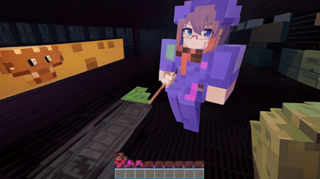 mikamireiko, glasses, a purple armored minecraft character is shown in a picture of dark area lava area holding a pick axe, 1girl, solo, pixel art, heads-up display, pixelated, user interface, health bar, fake screenshot, gameplay mechanics, pick axe