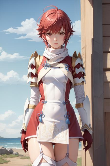 masterpiece, best quality, hinoka, short dress, white scarf, shoulder armor, vambraces, garter straps, thigh boots, red gloves, cowboy shot, looking at viewer, furrowed brow, serious expression on face <lora:hinoka-nvwls-v1-000012:0.9>