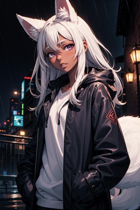 1girl, night city, rain, coat, hands in pockets, white hair, long hair, (fox ears), fluff, (dark skin:1.2), full lips, pretty face, anime illustration, purple eyes