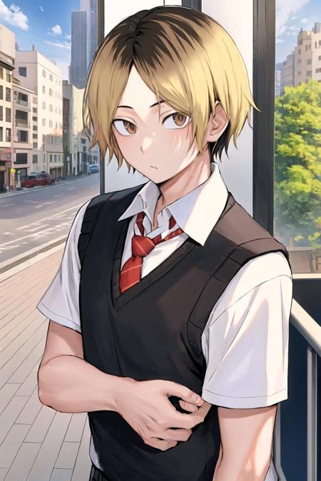 masterpiece, best quality, 1boy, <lora:kenma:0.8>, solo, blonde hair, black hair, multicolored hair, forehead, brown eyes, collared shirt, white shirt, sweater vest, necktie, short sleeves, half body, city, looking at viewer