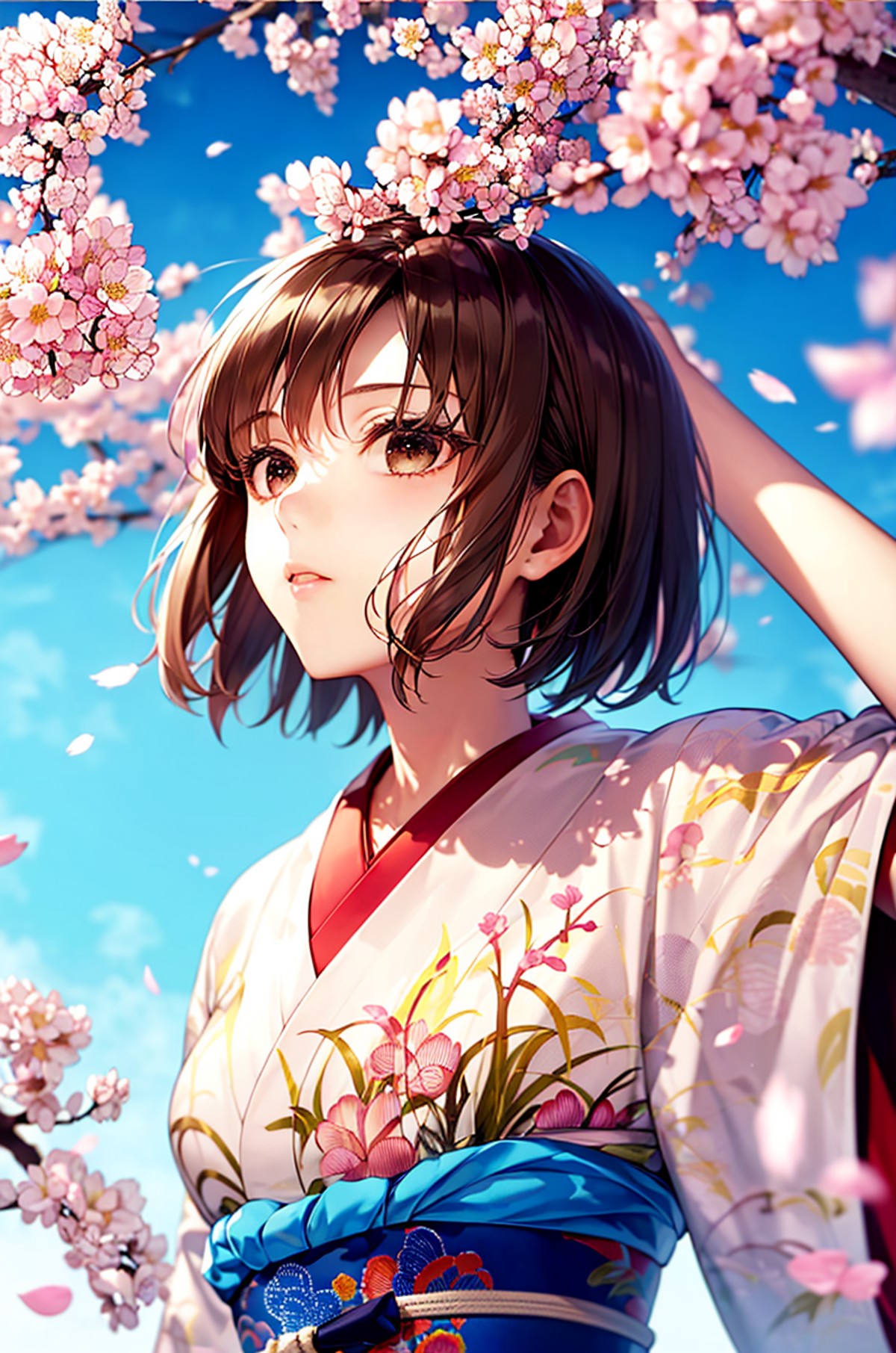 (masterpiece,best quality, detailed), 1girl, solo, outdoors, cherry blossoms, spring, wind, day, looking up, arm up,
ryoug...