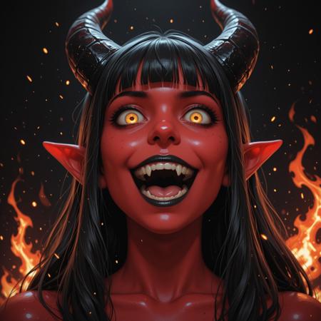 portrait, from below, extreme close-up, solo, 1girl, demon, black hair, long hair, blunt bangs, horns, laughing, pointed ears, maniacal, crazy, black lips, yellow eyes, looking down at viewer, red skin, colored skin, ominous, terror, horror, depth of field, naked, embers, flames, black background, negative space, high_quality, highres, detailed_eyes, beautiful, detailed, masterpiece, best quality, absurdres, 8k, HDR,