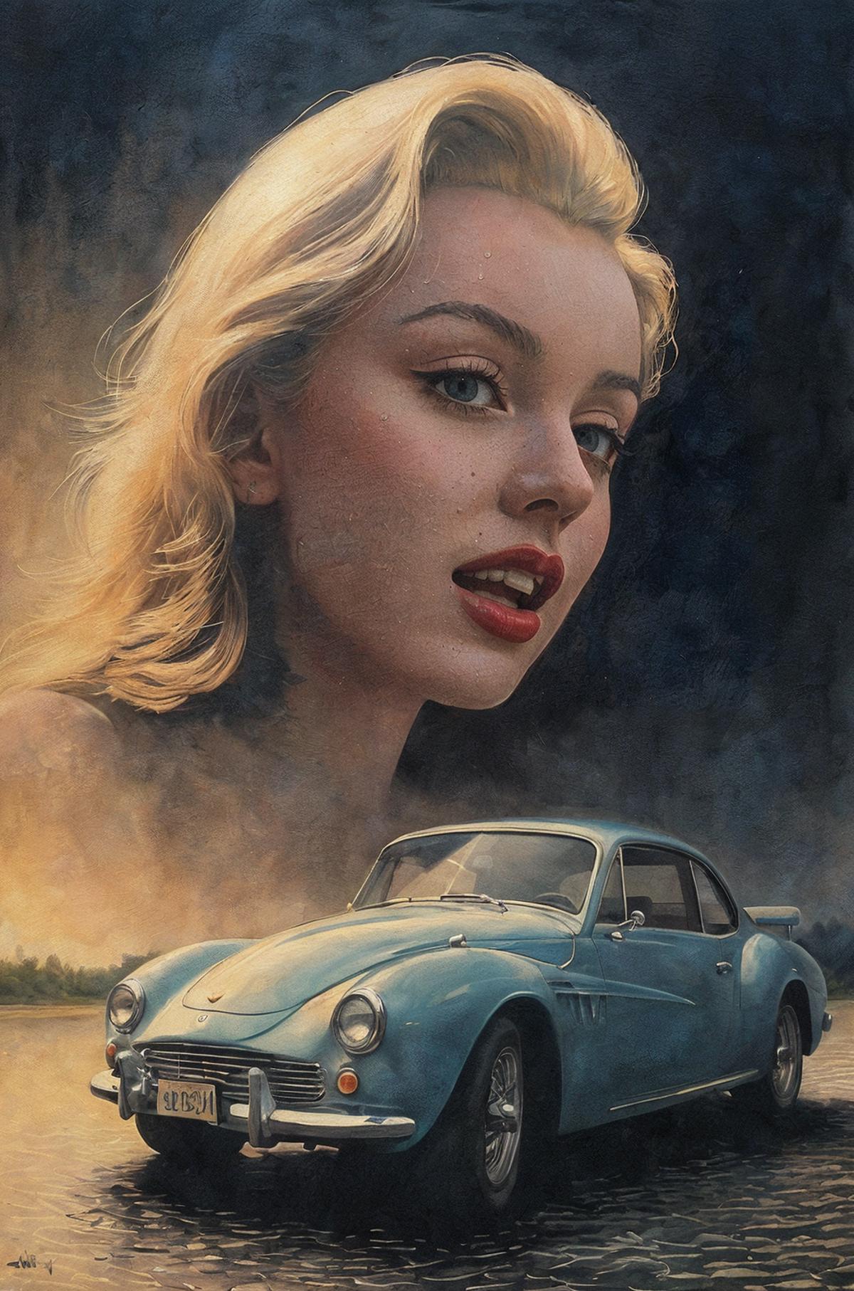 A painting of a woman with a blue car in the background.