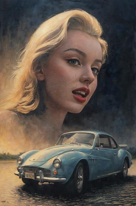 ((best quality)), ((masterpiece)), RTX, 8k, HDR, Best Quality, Cinematic Movie Story, Marilyn Monroe standing and posing next to a vintage sports car, Night, Dark, Misty, Wet asphalt, hills, splashing water, pop icon colors, Realistic Art, Digital Illustration, Portrait, Spiritual Painting, Watercolor, Oil Paints, Digital Art, Rich Sunbeams, mystical, dreamy, rococo detailed, intricate, mannerism, muted colors, masterpiece, high quality,