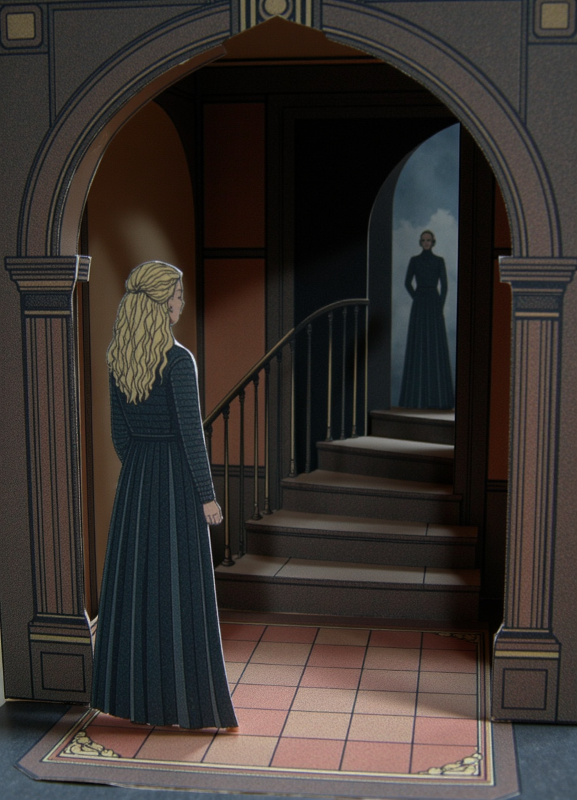 a_highly_detailed_paper_model_cutout_diorama__daenerys_targaryen_staring_into_the_mirror__a_sinister_figure_watching_from_the_top_of_a_spiral_staircase__barely_visible_through_the_gloom_1640523450.png