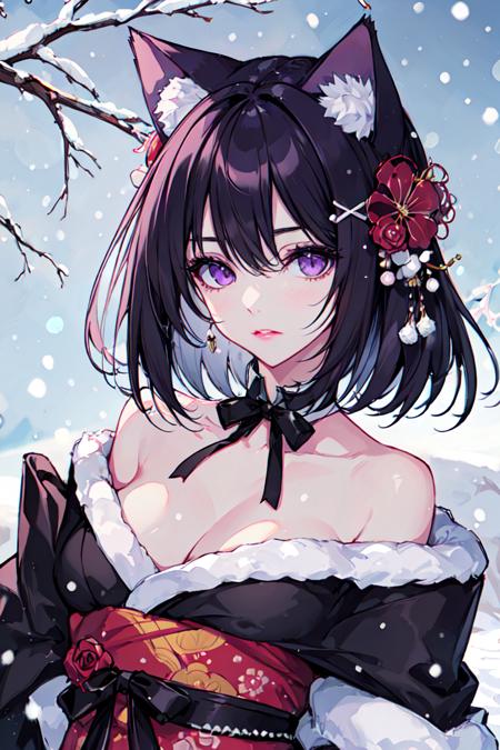 masterpiece, intricate detail,best quality,  <lora:BM94199:0.8>1girl, solo, animal ears, weapon, sword, black hair, hair ornament, flower, snow, hair flower, katana, breasts, bare shoulders, japanese clothes, snowing, bangs, upper body, animal ear fluff, off shoulder, closed mouth, kimono, branch, extra ears, cleavage, detached collar, makeup, medium hair, sheath, red flower, lips, blurry background, ribbon, medium breasts, blurry, sheathed, short hair, winter, purple eyes, cat ears