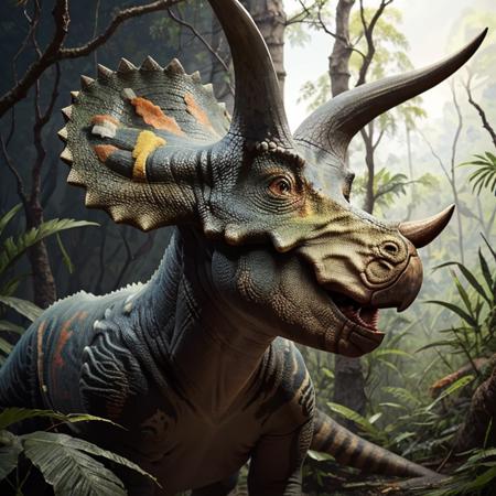 perfect exposure, colorful, masterpiece, best quality, <lora:Triceratops_Dinosaur_Dim32_Anime:0.8>, Triceratops_Dinosaur,  Jurassic jungle, portrait, head,