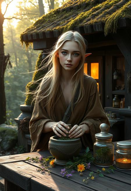 “A young elven woman with a slender, short, and graceful frame, her long blonde hair flowing gently in the breeze, glowing faintly in the soft light of a late afternoon. She wears modest, layered clothing in earthy tones, adorned with subtle patterns of vines and leaves. Her youthful beauty contrasts with her ancient, wise eyes, reflecting centuries of knowledge. She is seated at a rustic wooden table just outside her cozy, moss-covered cottage, nestled against the edge of a vibrant forest. Her hands deftly work with fresh herbs, grinding them with a mortar and pestle, as glowing flowers and jars of potions are scattered around her workspace. The warm light spilling from her cottage windows mingles with the natural light of the forest, creating a harmonious, magical scene.”