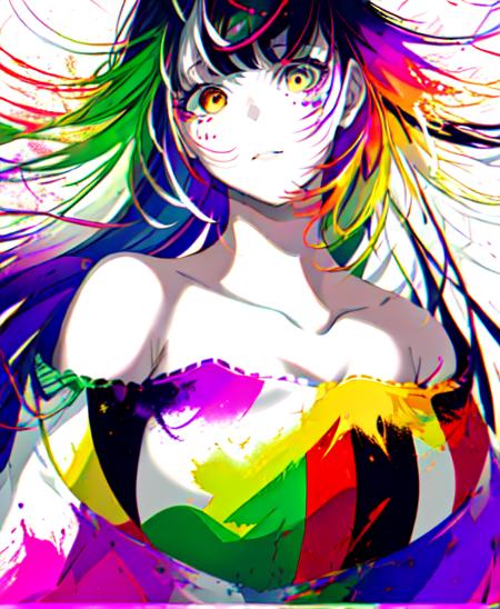 <lora:bv-style-v1:1>, masterpiece, detailed artwork, trending, psychodelic, 1girl, solo, colorful, paint splatter, upper body, multicolored hair, multicolored eyes, bangs, long hair, parted lips, collarbone, polychromatic neon, polychromatic noir, holographic watercolor, chromatic abberation, multicolored hair, abstract background