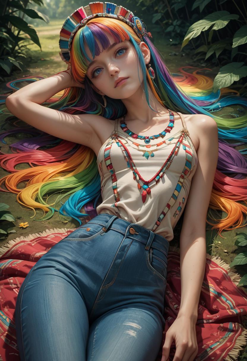 score_9, score_8_up, score_8, score_7_up, beautiful, high detail, intricate, kawaii, rainbow hair, hair bangs, deep eyes, blue eyes, headdress, eager, slender body, Medium breast, midi dress, skinny jeans, BREAK, lying on the side, one hand supporting the head, legs slightly bent, looking at viewer, a tribal festival with vibrant patterns in the twilight background,