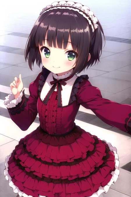 yune, 1girl, solo, smile,dress,london,frills,, masterpiece, best quality,1girl,solo