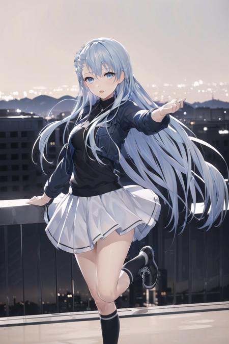 (best quality:1.1),(masterpiece:1.1),(illustration:1.1),(official art:1.1), look at cammera, front view,
city background, beautiful day sky,
1girl, solo focus, blue_hair, long hair, blue eyes, full body, standing ,dynamic pose, white skirt, black sock, black shoes,
(suzuna:1.2), <lora:suzuna:0.8>,