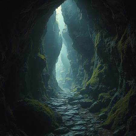 8k, source_photo, source_real, traditional media, real life photo, dungeons and dragons, medieval, deep and dark cave complex, underground, foreboding, natural caves leading deeper into the darkness, light emitting from moss on walls