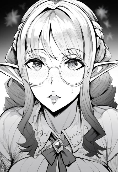 score_9, score_7_up, score_6_up, 1girl, Dramus \(Artist\), ドラムス \(芸術家\), @flavius_dramus,  Petite elf mage, 1 elf, solo, face focus, dynamic angle, (curly hair), round glasses, freckles, boots,mage robes,, sexy, in love, high quality eyes, castle library