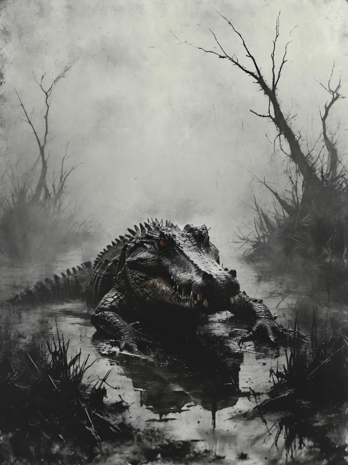 An alligator in a murky swamp with a tree in the background.
