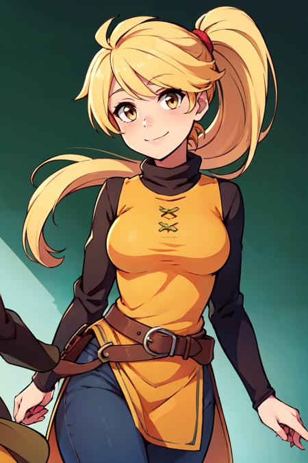 zzYellow, brown eyes, blonde hair, long hair, ponytail, bangs zzYellow, brown eyes, blonde hair, long hair, ponytail, bangs, orange tunic, brown belt, pants