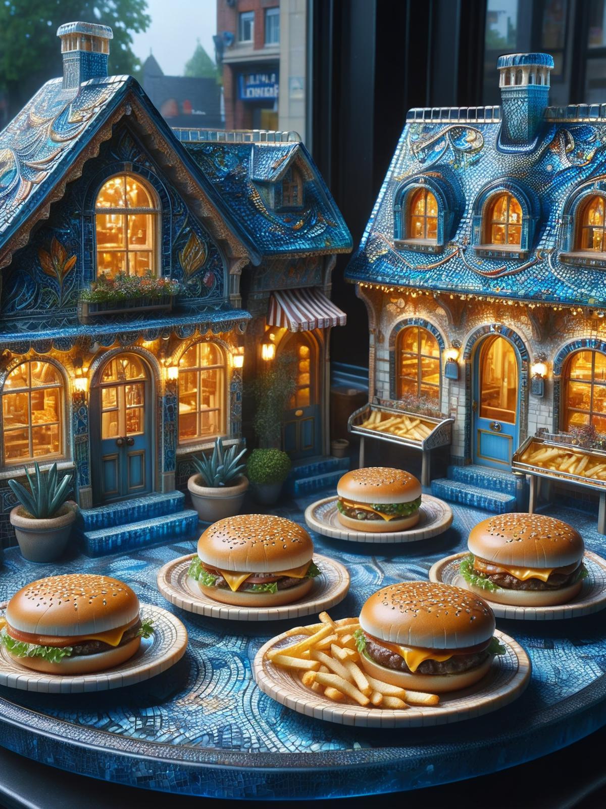 Detailed view of a model house with a miniature restaurant and a table of burgers and fries.