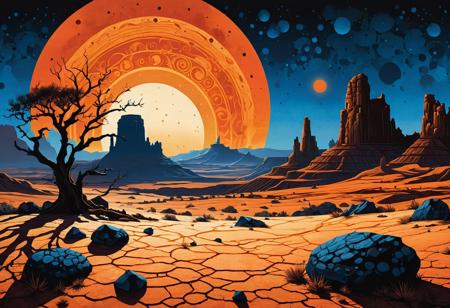 Pyrography style illustration, mid shot. A large, fiery blue sun hangs low in the sky over a barren landscape with craters and rock formations, silhouettes of a few trees and a building, and small, black dots covering the ground. Mid shot. Inspired by fantastical concept art and hyperrealistic focus, warm orange hues. Detailed texture and patterns, dramatic brushstrokes, side lighting with deep shadows, warm color depth, vibrant colorful background, intricate patterns, intense warm glow, burning sun, rocky terrain, desolate landscape, barren earthy tones.