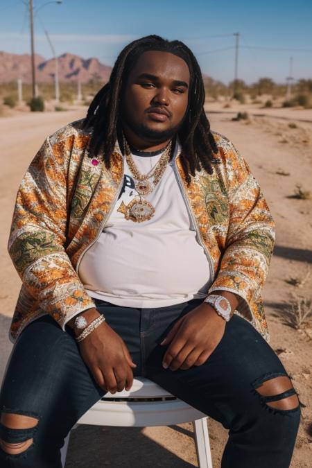 photorealism, masterpiece, 8K, UHD, analog style, high detail, detailed skin, depth of field,
tee grizzley,  tee,halloween zipped jacket, outdoors sitting on a chair in the desert<lora:TeeGrizzleyLoRa_V2:0.6>