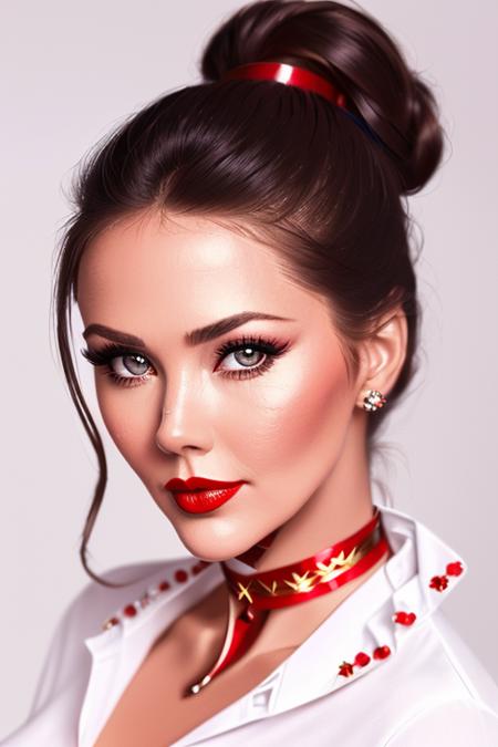 photo of a woman, lyndacarter:0.99, ((hair up):1.3), ((closeup, portrait):1.2) ((choker, white shirt, collar):1.2),((red lipstick, eyeliner,eye shadow, blush):1.2), ((best quality, masterpiece, extreme details, high resolution):1.2),((detailed eyes, beautiful eyes, detailed face, beautiful face):1.2)